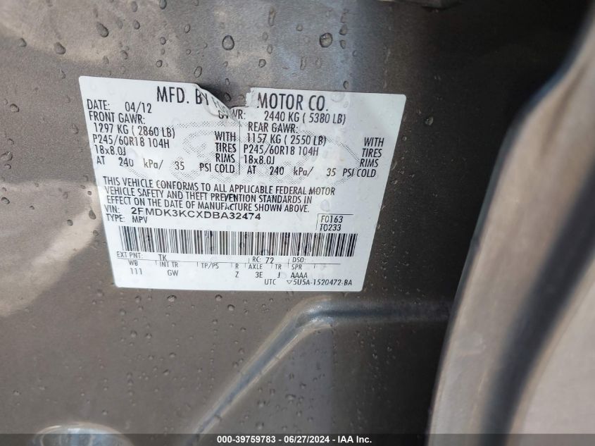 2013 Ford Edge Limited VIN: 2FMDK3KCXDBA32474 Lot: 39759783