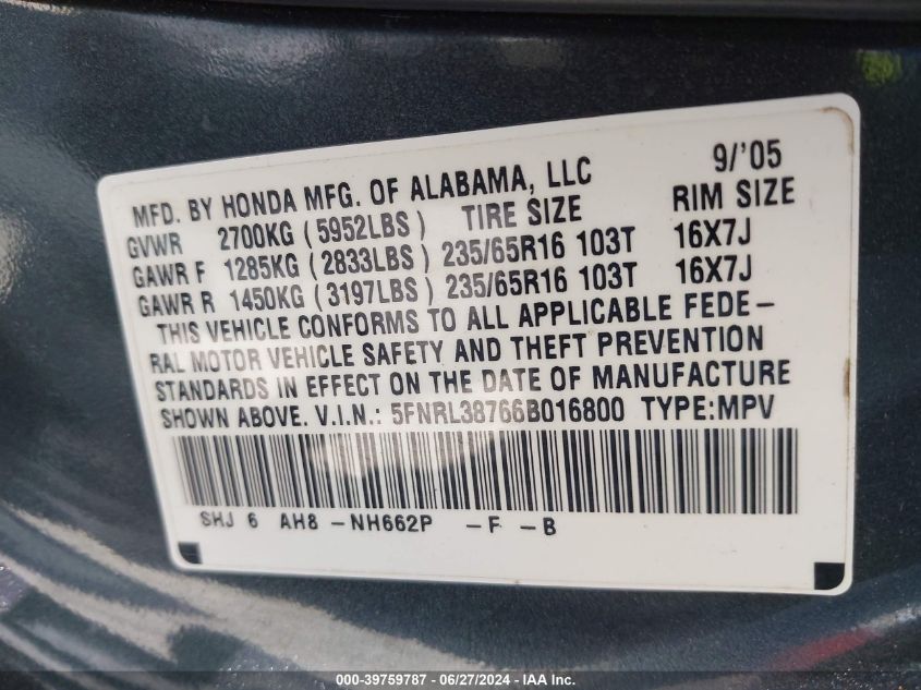 2006 Honda Odyssey Ex-L VIN: 5FNRL38766B016800 Lot: 39759787