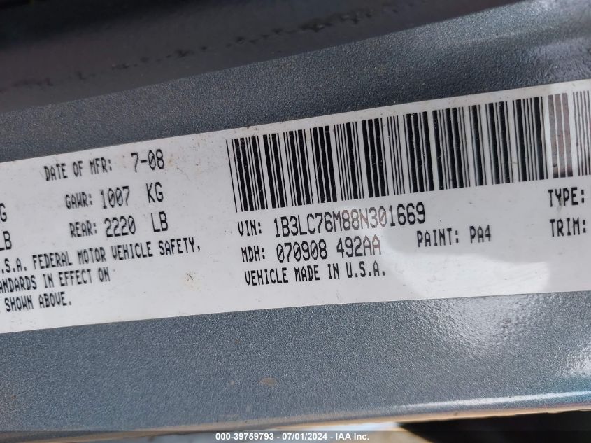 2008 Dodge Avenger R/T VIN: 1B3LC76M88N301669 Lot: 39759793