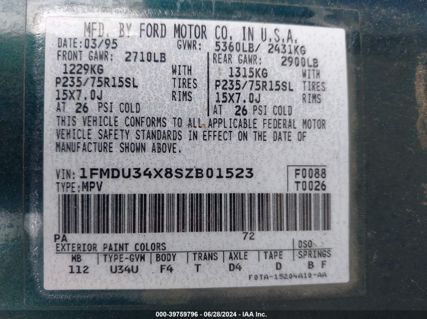 1995 Ford Explorer VIN: 1FMDU34X8SZB01523 Lot: 39759796
