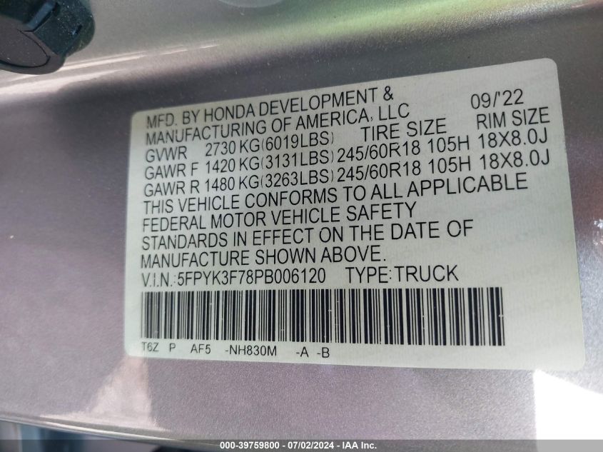 2023 HONDA RIDGELINE RTL-E - 5FPYK3F78PB006120