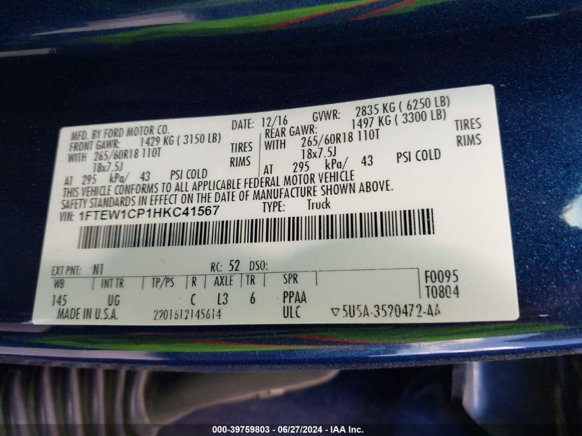 2017 Ford F-150 Xlt VIN: 1FTEW1CP1HKC41567 Lot: 39759803
