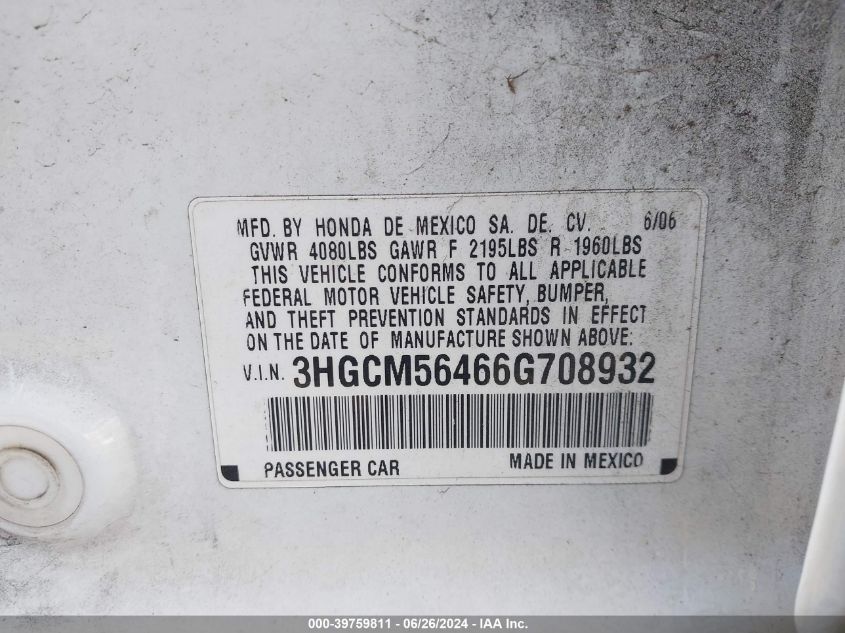 2006 Honda Accord 2.4 Lx VIN: 3HGCM56466G708932 Lot: 39759811
