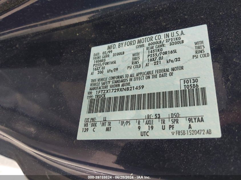 1999 Ford F150 VIN: 1FTZX1729XNB21459 Lot: 39759824