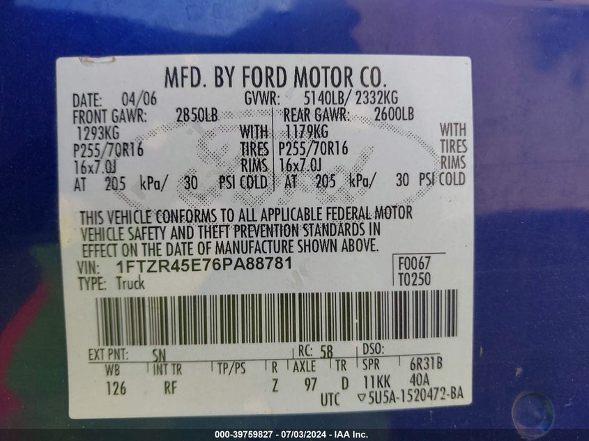 2006 Ford Ranger Fx4 Level Ii/Fx4 Off-Road/Sport/Xlt VIN: 1FTZR45E76PA88781 Lot: 39759827