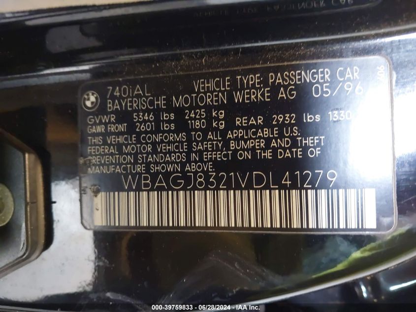 1997 BMW 740Il VIN: WBAGJ8321VDL41279 Lot: 39759833