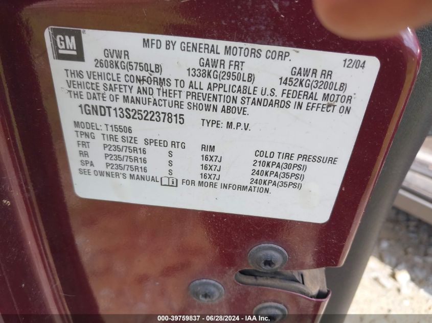 2005 Chevrolet Trailblazer Ls VIN: 1GNDT13S252237815 Lot: 39759837