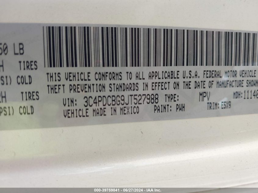 2018 Dodge Journey Sxt VIN: 3C4PDCBG9JT527988 Lot: 39759841