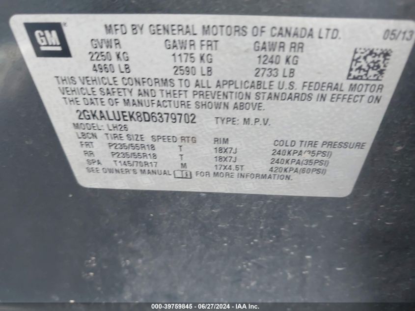 2013 GMC Terrain Slt-1 VIN: 2GKALUEK8D6379702 Lot: 39759845