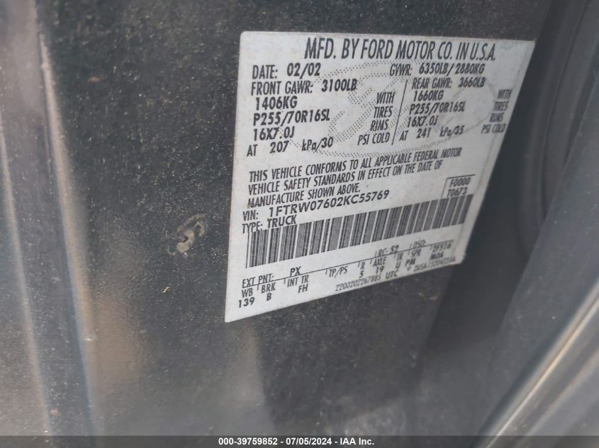 2002 Ford F-150 Supercrew VIN: 1FTRW07602KC55769 Lot: 39759852