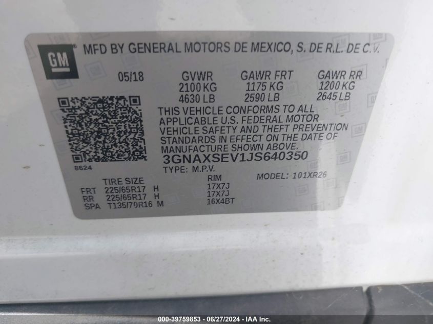 2018 Chevrolet Equinox Lt VIN: 3GNAXSEV1JS640350 Lot: 39759853