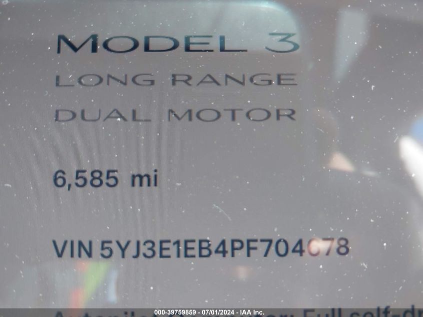 2023 Tesla Model 3 Long Range Dual Motor All-Wheel Drive VIN: 5YJ3E1EB4PF704678 Lot: 39759859