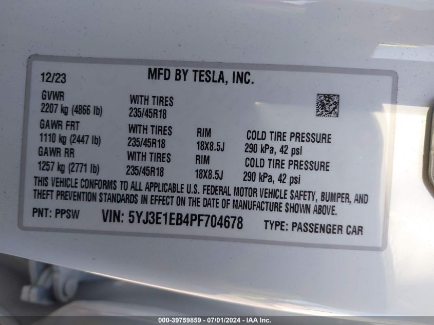 2023 Tesla Model 3 Long Range Dual Motor All-Wheel Drive VIN: 5YJ3E1EB4PF704678 Lot: 39759859