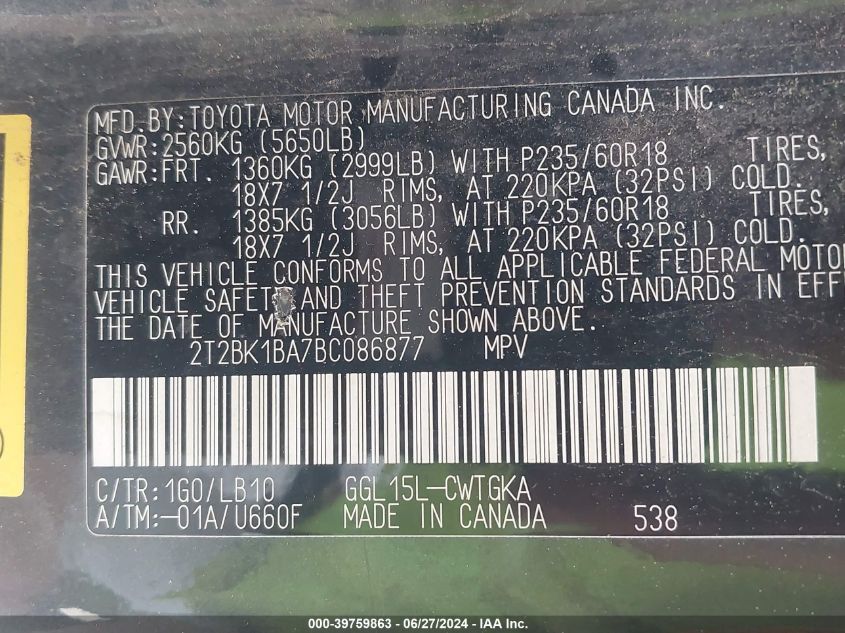 2011 Lexus Rx 350 VIN: 2T2BK1BA7BC086877 Lot: 39759863