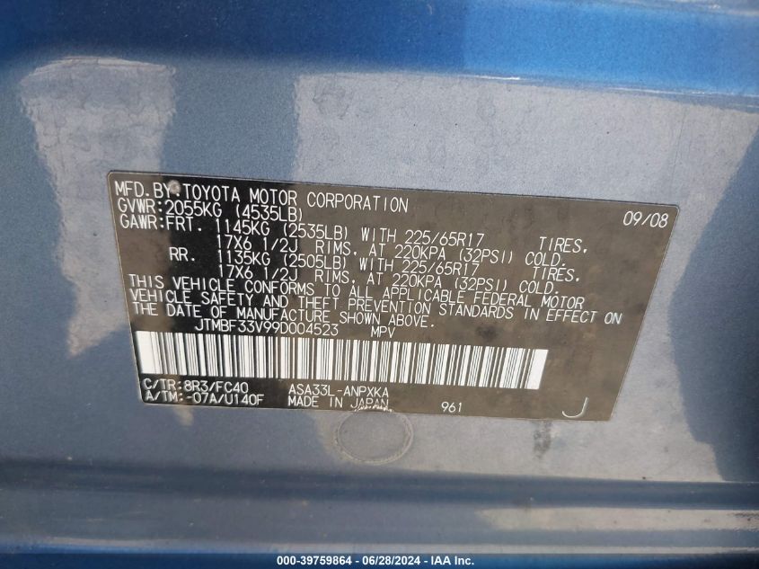 2009 Toyota Rav4 VIN: JTMBF33V99D004523 Lot: 39759864