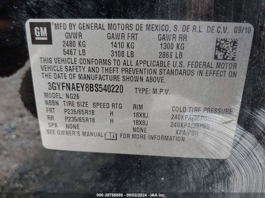 2011 Cadillac Srx Luxury Collection VIN: 3GYFNAEY8BS540220 Lot: 39759888