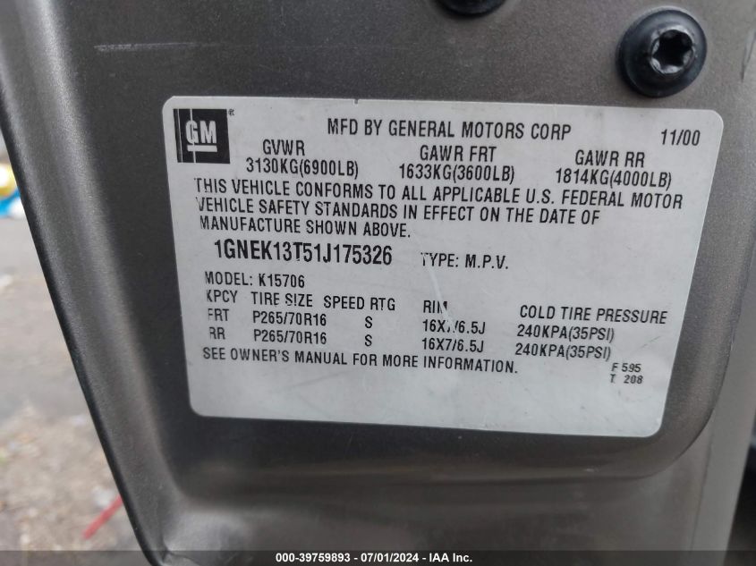 2001 Chevrolet Tahoe Lt VIN: 1GNEK13T51J175326 Lot: 39759893