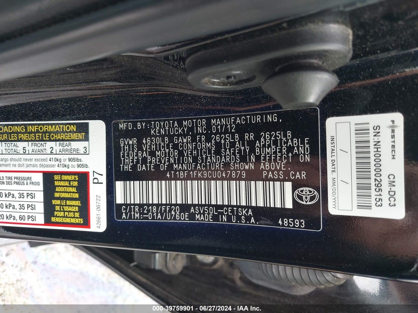 2012 Toyota Camry Se VIN: 4T1BF1FK9CU047879 Lot: 39759901