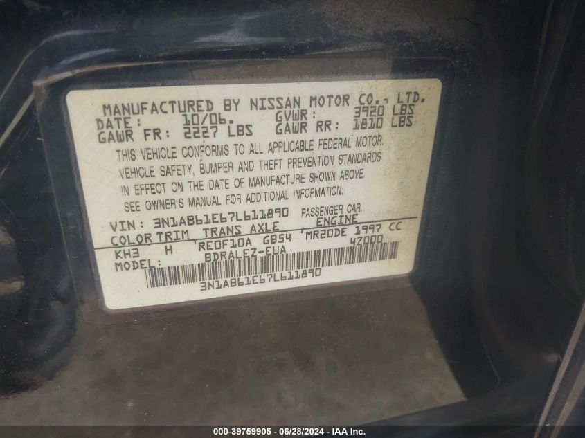 2007 Nissan Sentra 2.0/2.0S/2.0Sl VIN: 3N1AB61E67L611890 Lot: 39759905