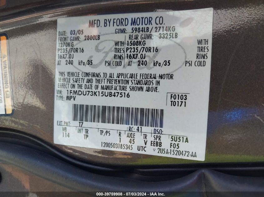 2005 Ford Explorer Xlt/Xlt Sport VIN: 1FMDU73K15UB47516 Lot: 39759908