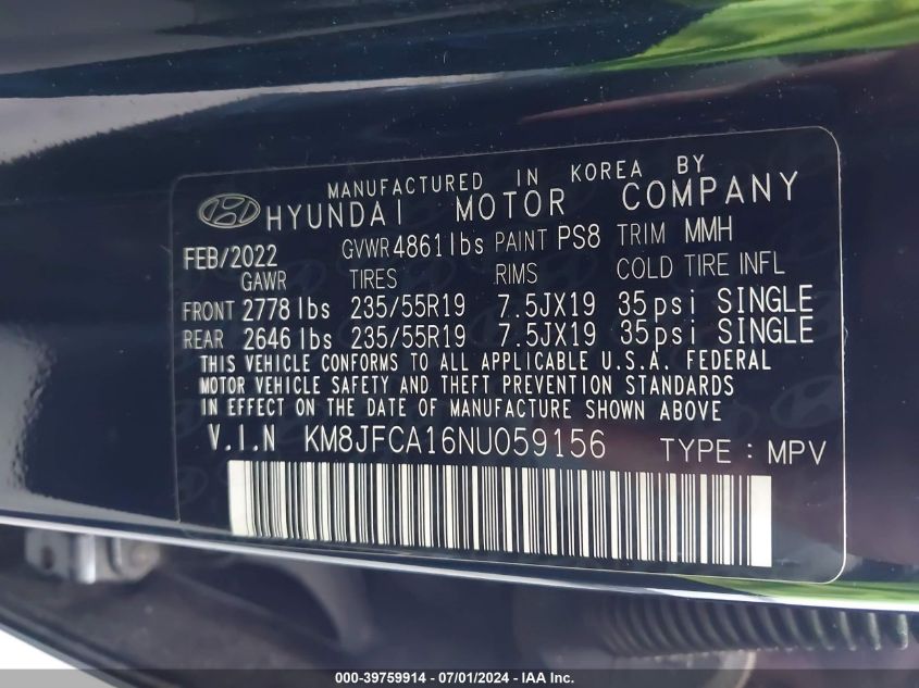 2022 Hyundai Tucson Hybrid Sel Convenience VIN: KM8JFCA16NU059156 Lot: 39759914