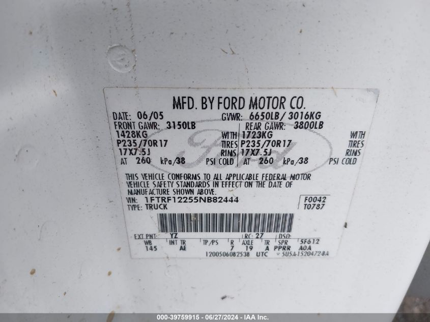 2005 Ford F-150 Stx/Xl/Xlt VIN: 1FTRF12255NB82444 Lot: 39759915