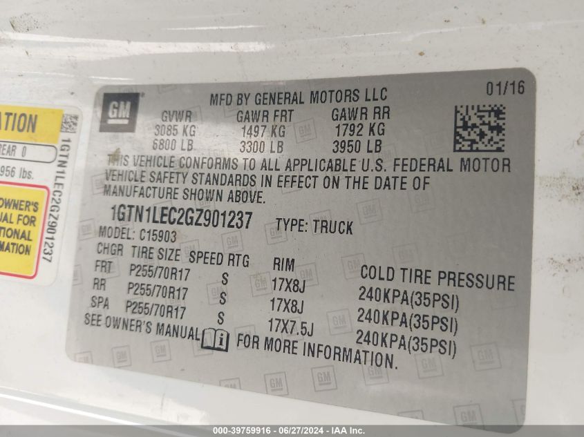 2016 GMC Sierra 1500 VIN: 1GTN1LEC2GZ901237 Lot: 39759916