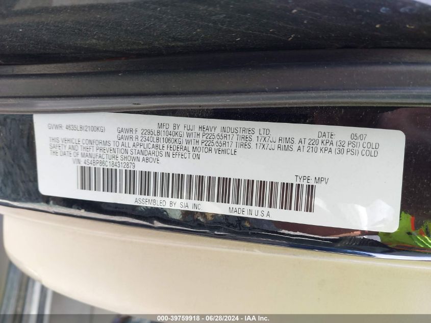 2008 Subaru Outback 3.0R Ll Bean VIN: 4S4BP86C184312879 Lot: 39759918