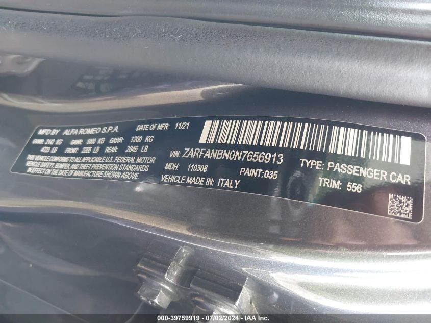 2022 Alfa Romeo Giulia Ti Awd VIN: ZARFANBN0N7656913 Lot: 39759919