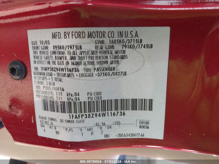 2004 Ford Focus Zts VIN: 1FAFP38Z94W116736 Lot: 39759924