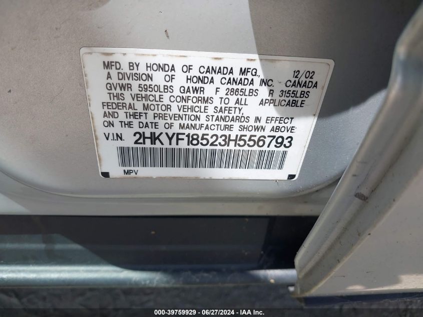 2003 Honda Pilot Ex-L VIN: 2HKYF18523H556793 Lot: 39759929