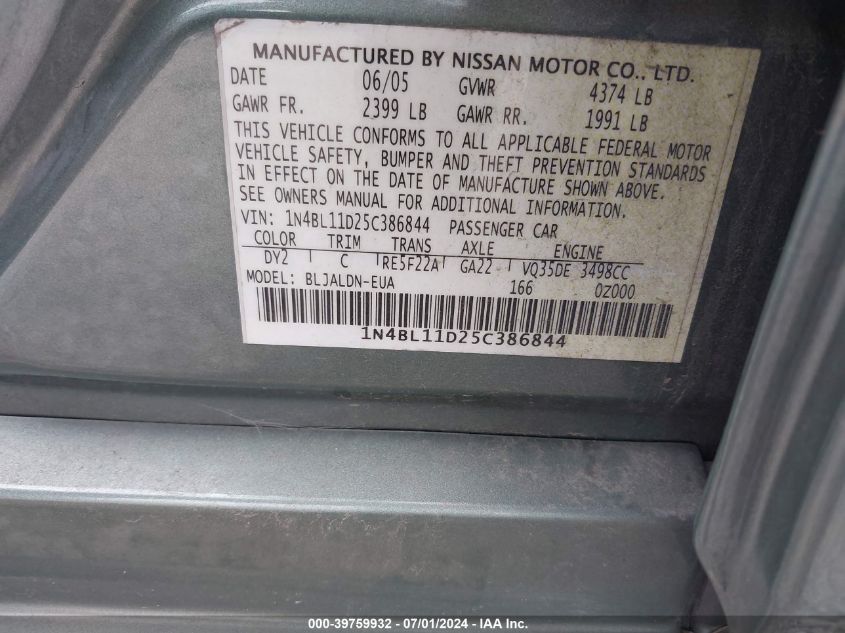2005 Nissan Altima 3.5 Sl VIN: 1N4BL11D25C386844 Lot: 39759932