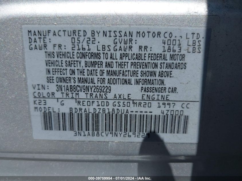 2022 Nissan Sentra Sv Xtronic Cvt VIN: 3N1AB8CV9NY269229 Lot: 39759954