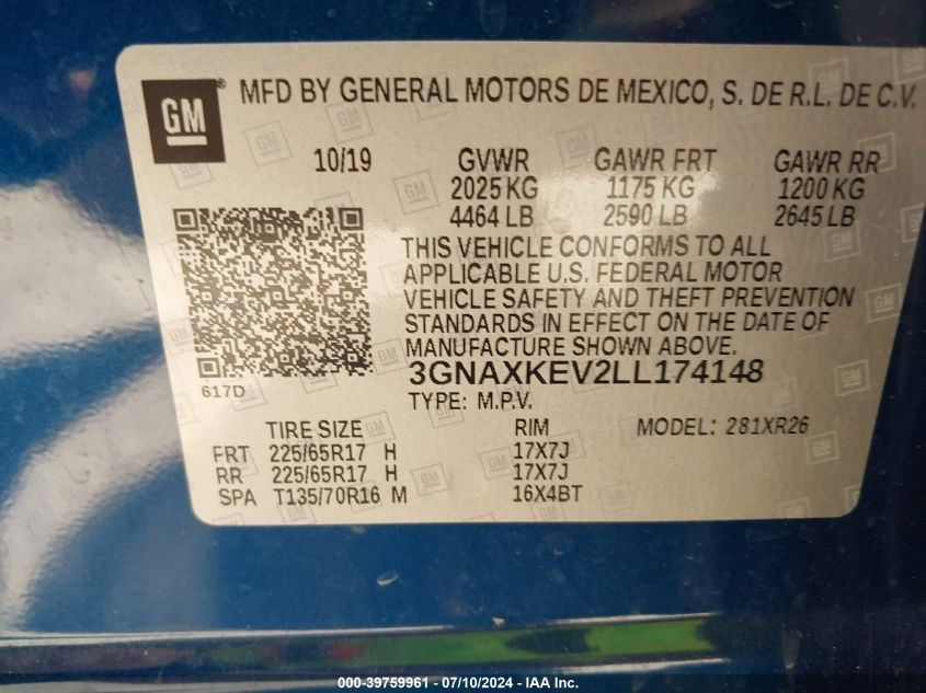 2020 Chevrolet Equinox Fwd Lt 1.5L Turbo VIN: 3GNAXKEV2LL174148 Lot: 39759961