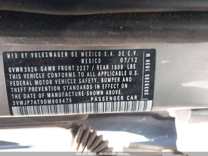 2013 Volkswagen Beetle VIN: 3VWJP7AT9DM609475 Lot: 39759968