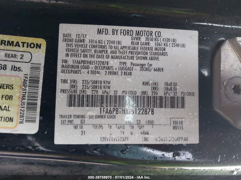 2018 Ford Mustang Ecoboost VIN: 1FA6P8TH8J5122878 Lot: 39759970