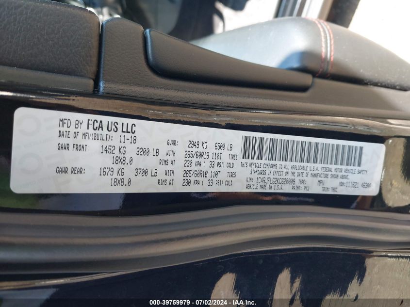 2019 Jeep Grand Cherokee Trailhawk 4X4 VIN: 1C4RJFLG2KC620009 Lot: 39759979