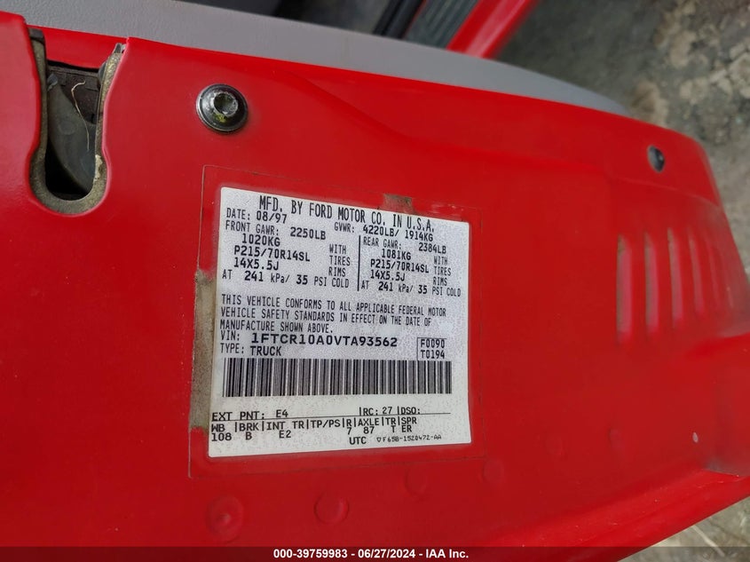 1997 Ford Ranger Splash/Xl/Xlt VIN: 1FTCR10A0VTA93562 Lot: 39759983