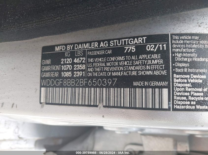 2011 Mercedes-Benz C 300 300 4Matic VIN: WDDGF8BB2BF650397 Lot: 39759988