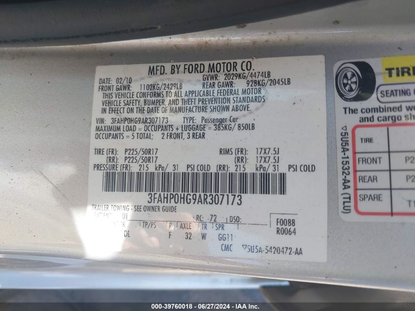 2010 Ford Fusion Se VIN: 3FAHP0HG9AR307173 Lot: 39760018