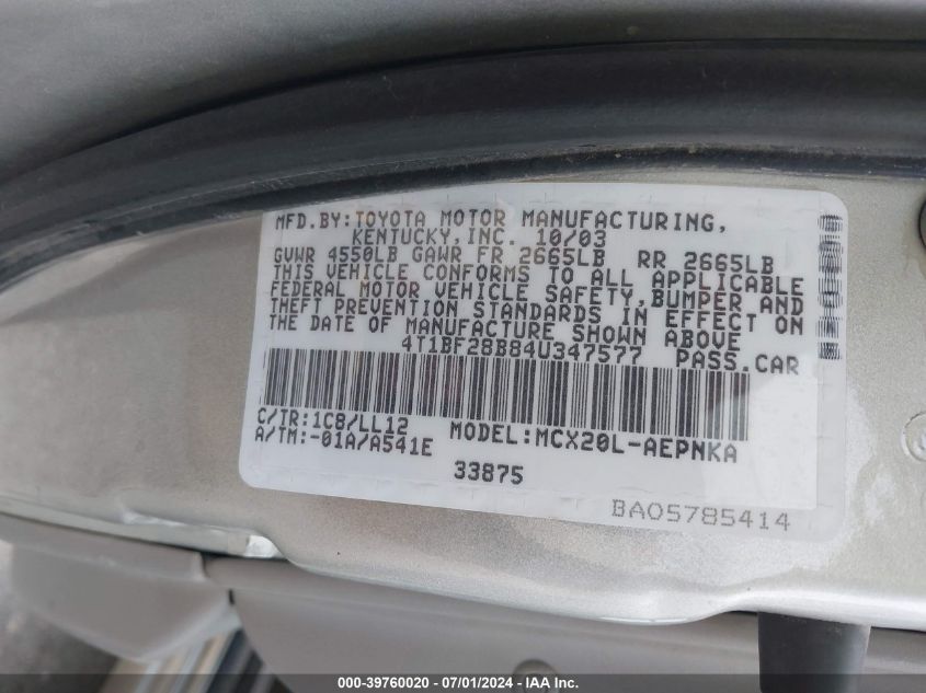 2004 Toyota Avalon Xl VIN: 4T1BF28B84U347577 Lot: 39760020