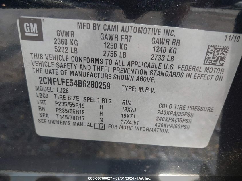 2CNFLFE54B6280259 2011 Chevrolet Equinox Ltz