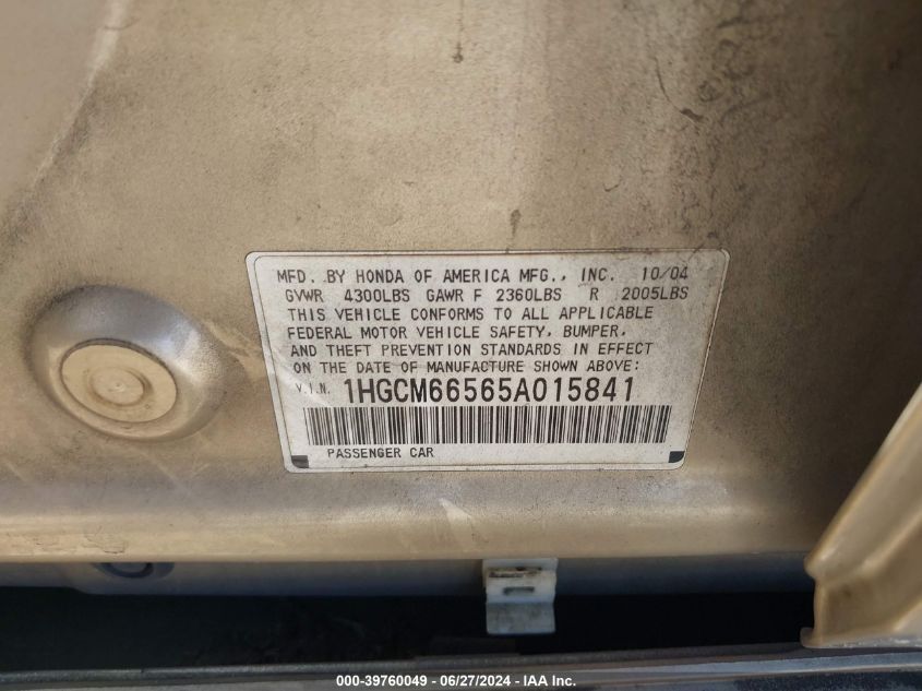 2005 Honda Accord 3.0 Ex VIN: 1HGCM66565A015841 Lot: 39760049