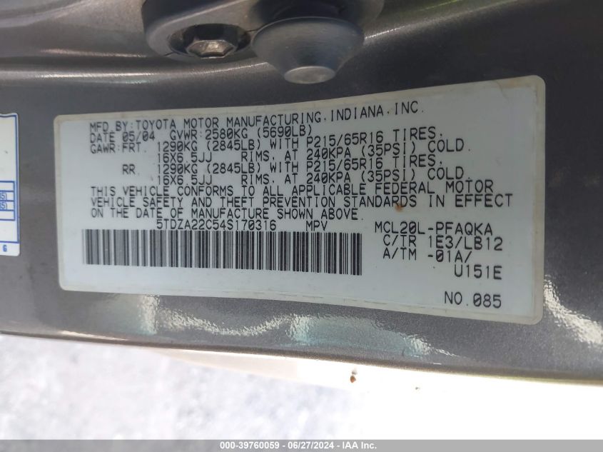 2004 Toyota Sienna Xle VIN: 5TDZA22C54S170316 Lot: 39760059