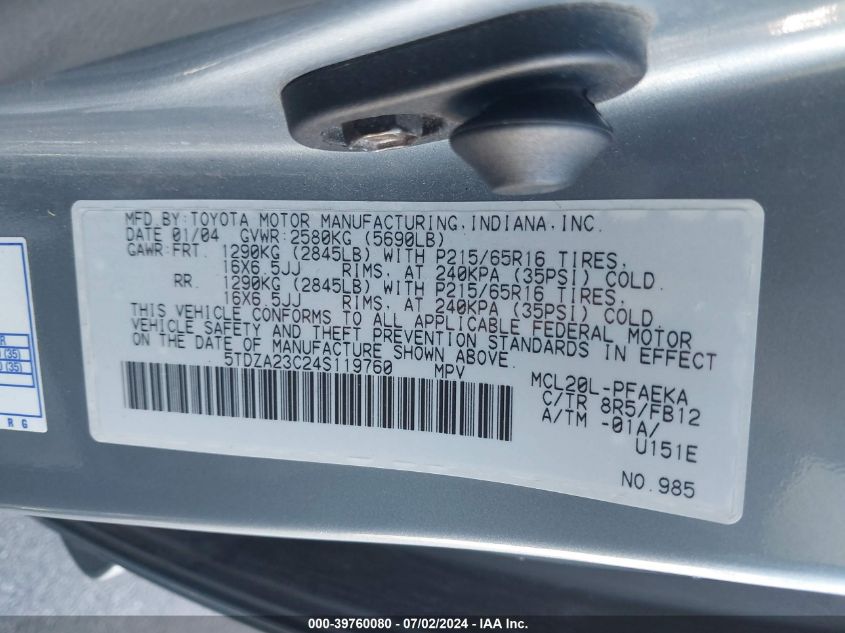 2004 Toyota Sienna Le VIN: 5TDZA23C24S119760 Lot: 39760080