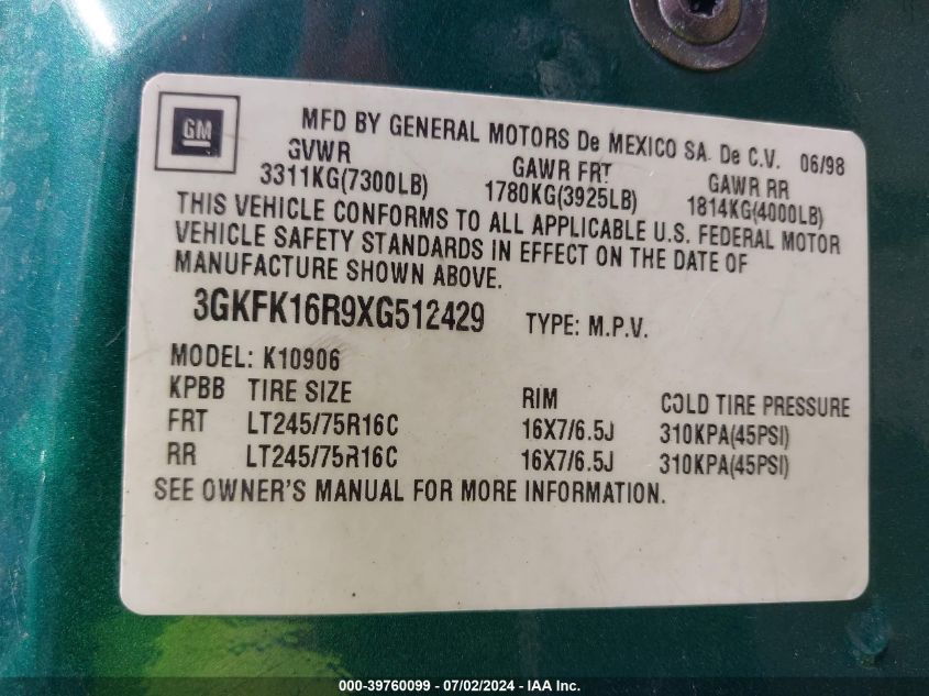 1999 GMC Suburban K1500 VIN: 3GKFK16R9XG512429 Lot: 39760099