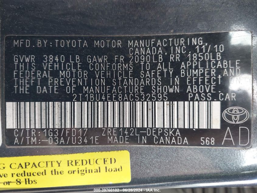 2010 Toyota Corolla S/Le/Xle VIN: 2T1BU4EE8AC532595 Lot: 39760102