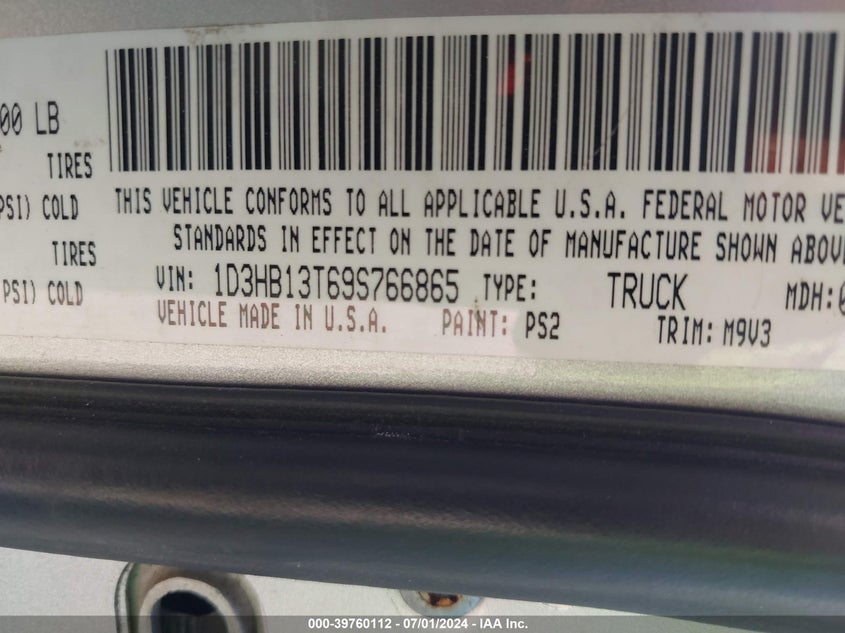 2009 Dodge Ram 1500 Slt/Sport/Trx VIN: 1D3HB13T69S766865 Lot: 39760112