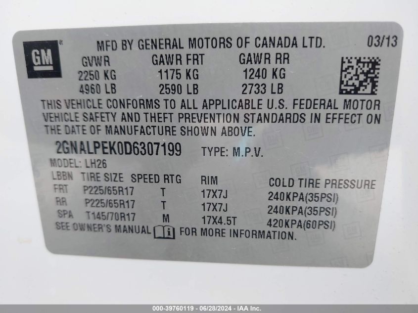 2013 Chevrolet Equinox Lt VIN: 2GNALPEK0D6307199 Lot: 39760119