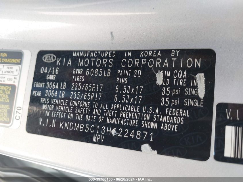 2017 Kia Sedona Lx VIN: KNDMB5C13H6224871 Lot: 39760130